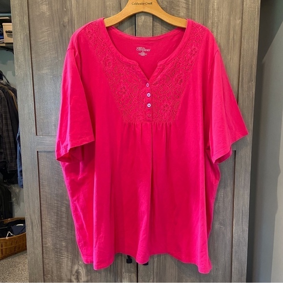 Catherines 2X Short Sleeve henley Shirt Pink with lace overlay on chest - Picture 1 of 10